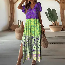 Partykleider langes Kleid Frühling farbenfrohe Druck gegen Nacken Maxi für Frauen Retro Ethnic Style Knöchel Länge Strandurlaub mit Seite