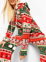 Домашняя одежда для взрослых рождественской капюшоны флисовая пижама Женщины с длинным рукавом комбинезон.