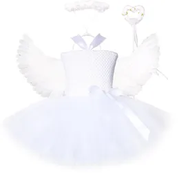 Vestido branco anjo tutu para meninas Princess Fairy Cosplay Dress with Wings Halloween Fantas