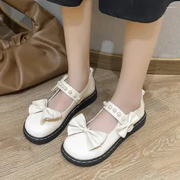 Dress Shoes Lolita Cute Round Head Soft Girl Pu Big Jk Uniform College Style Japanese Bow Woman Female Pearl Kawaii Young Girls Cos