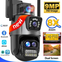 Cameras 9MP WiFi Camera Outdoor Three Lens Dual Screen 8X Zoom Security Camera 4K 6MP Video Surveillance PTZ ICsee Alexa NVR Bluetooth