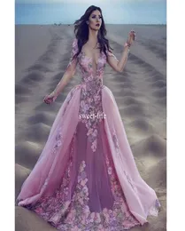 2019 Mermaid Night Dress Deep V pescoço ilusão sem mangas compridas Apliques de renda Tulle Overskirt PROM GOWN6210543