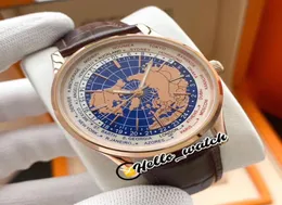 New Geophysic Universal Time Automatic Q8102520 8102520 Blue Map Dial Mens Watch Rose Gold Case Leather StraP HWJL Gents Watches H3383272