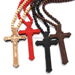 Crucifix Cross Pendant Halsband Handgjorda Clasiska träpärlor Strängar Hiphop halsband Trä religiös Jesus Hip Hop -smycken för män Kvinnor gåva