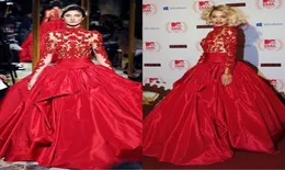 2019 Zuhair Murad Red Evening Dresses Rita Ora in Marchesa Fall High Neck Red Carpet Dress Celebrity Gowns Satin Ball Gown Wedding1812059