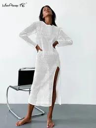 Lässige Kleider Mesh Perspektive Urlaub weiße Kleid Boho Sommer 2024 O-Neck Split Long Sleeve Kausaler Strandstil Midi