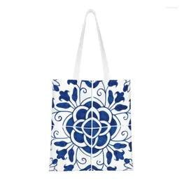 Alışveriş çantaları yeniden kullanılabilir mavi portekizli porselen karo çanta tuval omuz tote taşınabilir çiçek desen bakkaliye alışveriş
