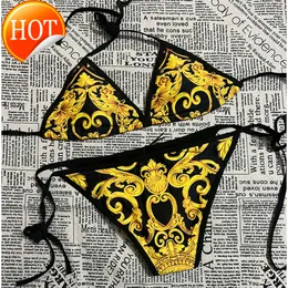 2024 New Fashion Designer Wholesale Womens Swimwear Sexy Gold Color Bikini Set Classic Pattern Two Pieces Bikinis Bandage Sexy Push Up Swimsuit XL Women Bathing Suit