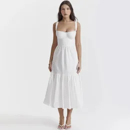 Mingmingxi Yüksek kaliteli kadın yaz elbisesi keten-cotton blend jacquard elbise zarif seksi slip beyaz tatil elbisesi midi 240320