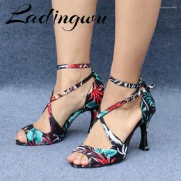 Dansskor Ladingwu Salsa Jazz Ballroom Latin Black för att dansa Social Strip High Heels presenterade graffiti Satin Sandaler