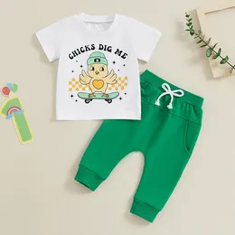 Set di abbigliamento pulcini scavami per bambini outfit da pasqua ragazzo ragazza carina lettera a maniche corte top t-shirt e pantaloni lunghi 2 pcs