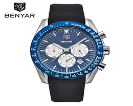 Benyar Brand Men Sport chronograph ساعات جميع المؤشرات عمل مقاوم للماء الصلب الفولاذ المقاوم للصدأ ساعة الكوارتز إسقاط أسود 018275346