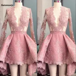 Dresses Sexy Deep VNeck HiLo Evening Dresses Peach Pink Long Sleeve Applique Ruffle Short Party Prom Dresses