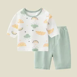 Baby 2pcsset barns sommarmodal pyjamas söta barn långslutna oneck tecknad björnkaniner dinosaurier hemkläder 240325