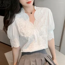 Kvinnors blusar Fashion Woman Cotton Lace Brodery Hollow Out Blus 2024 Stylish Elegant White Shirts Vintage Blusas Half Sleeve Tops