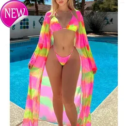 Tasarımcı Seksi Bikini Setleri 2024 Yeni Moda Kadınlar 3 Pack ile Kimono Kadınlar Tropik Baskı Mayo Plajı Kapak Yular Set Set Plaj Giyim