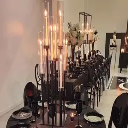 6 arms) long stemmed tall cylinder acrylic or glass cyliner shape black candle holder crystal pillar candlestick centerpieces