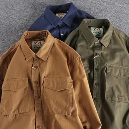 Men's Casual Shirts Cotton Twill Woven Men Pockets Solid Pure Long Sleeve Washed Workwear Blouses Amekaji Retro Western Style Male Tops