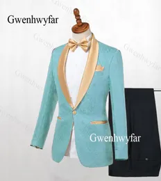 Gwenhwyfar Mint Green Slim Fit Wedding Groom Tuxedos för Singer Prom Man Suit Gold Lapel 2 Pieces Jacket Pants Men Stage Clothes7734866