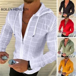 Fashionable mens zippered hooded white plaid T-shirt hip-hop long sleeved cardigan mens T-shirt top S-3XXL 240320