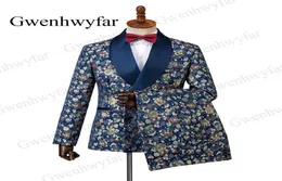 Gwenhwyfar Men suits 3 Pieces 2019 Autumn Banquet series Chrysanthemum Navy Blue Groom Men Wedding Tuxedos Double Breasted4501373