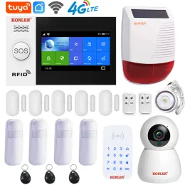 키트 Tuya Smart Alarm System Security Home Wi -Fi 4G GSM 터치 스크린 패널 패널 카메라 태양열 사이렌 모션 도어 센서가있는 무선 키트