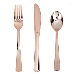 Conjuntos de roupas de cama 18pcs Gold rosa Plástico Plástico Disponível de mesa de sobremesa Facas Forks Spoon Casamento Festas de decoração de decoração de talheres Conjunto de talheres