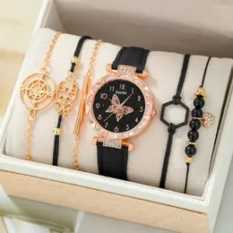 Нарученные часы 6pcs женский кварцевый Quartz Watch Black Butterfly Pattern Кожа и 5 стильных повседневных браслетных наборов