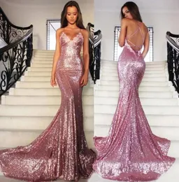 2021 Sparkle Rose Pink Sexy Dresses Prom Sequins Lace Long Mermaid v Neck Criss Cross Back Long Sconsal Cheap Bress Party G1382273