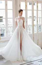 2019 New Classic Riki Dalal Wedding Dresses High Split med High Neck och Short Hermes Applicques Chiffon med mjuk foder brud 9967589