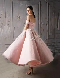 Off the Shoulder Vintage Pink Prom Dress Lace Applique Tea Length Ball Gown Formal Evening Gowns 2020 Arabic Homecoming Dress3514373