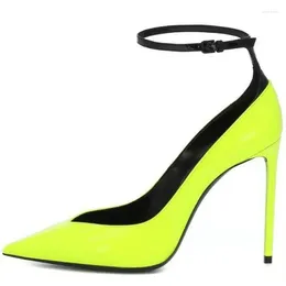 Dress Shoes Fluorescent Green Patent Leather Ankle Strap High Heel Pumps V Cut Pointed Toe Stiletto Heels Celebrating