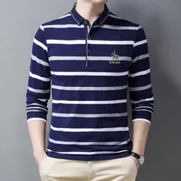 Business Striped Polo Shirt for Mens Spring and Autumn New Embroidered Logo Lapel Pure Cotton Long Sleeved T-shirt with a Bottom Layer