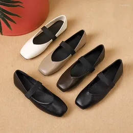 Casual Shoes Square Toe Elastic Band Frauen Mokassins Weiche Leder Retro Flats 41-43 große Größe Mary Janes für Frau Schlupf auf Slattern