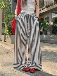 Frauenhose Benuynffy vertikal gestreiftes Drawess elastischer hoher Taille Freizeit Weitbein Frauen Frühling Sommer Koreanische Mode Lange Hosen