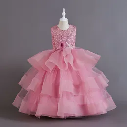 2024 Pink Birthday Girl Party Kleider Neue Blumenmädchenkleider kleine Kinder schiere Nacken angewandte Spitzenstufe Tüll Perlen Baby Kleid Prinzessin Königin Heiratskleider