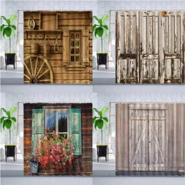 Duschvorhänge Vintage alte Holztür Vorhang Retro Blumenfenster Farm Scheunen Verschluss Wasserdichte Polyester Badezimmer