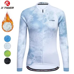 X-Tiger Womens Cycling Jersey Winter Thermal Long Sleeve Cycling Shirt med 4 bakre fickor Fleece Bicycle Clothes Jeresy 240328