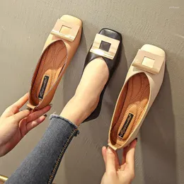 Casual Shoes Soft Leather Comfy Flats Metal Buckle Square Toe Women Solid Slip On Single Moccasins Ladies Brief Shallow Loafers