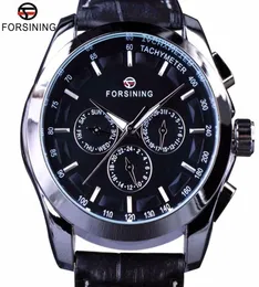 Forsining Classic Series Black Genuine Leather Strap 3 Dial 6 Hands Men Watch Top Marn