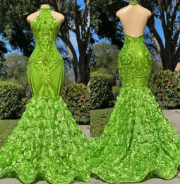 Olive Green Mermaid Prom Dresses Sexig backless spetsapplikationer Flowers Halter Neck 2K23 Black Girls Evening Party Gowns Arabic Vest3985297