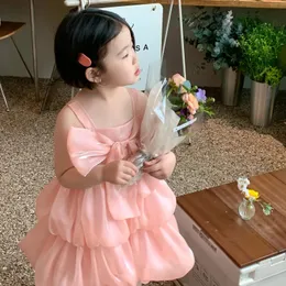 Korean Toddler Girl Sling Sundress Summer Knotbow Tiered Baby Princess Dress Solid Smooth Bubble Infant Girls Lantern 240322