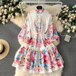 Basic Casual Dresses 2024 Summer Runway Single-Breasted A-Line Ruffles Linen Dress Women Stand Long Sleeve Flower Printing Belt Party Beach Vestidos