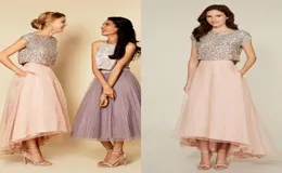 2019 Girls Party Dresses Sparkly Two Pieces Sequins Top Vintage Tea Length Short Prom Dresses High Low Bridesmaid Dresses with Poc6087462