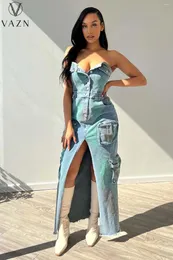 Vestidos casuais vazn 2024 designer de luxo jovem clube sexy jeans de jeans sem mangas estilo estilo alta cintura feminina longa vestido lápis