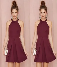 Sexy Short Cocktail Party Dresses 2017 Halter Backless Burgundy A Line Above Knee Length Prom Homecoming Gowns Custom Made Women F6961383