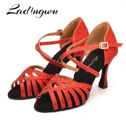 ダンスシューズladingwu zapatos de baile girls glitter red rhinestone10cm女性ラテンボールルームサルサレディース