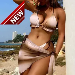 2024 New Fashion Designer Sexy Bikini Sets Cheap Womens new coffee tie dye printed womens swimsuit 3piece mesh tight set sexy pleated summer beach vacation swimsuit J