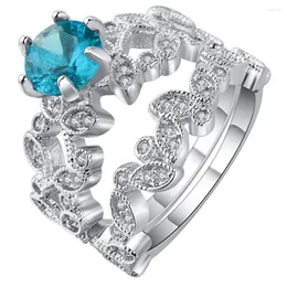 Clusterringe Hainon Ring Set Schmuck für Frauen Hochzeit Enagegment Blau CZ Braut Jubiläum Geschenk Silber Farbe Weibliche Fingerblume