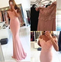 Blush Pink Off Spalla Mermaid Prom Gowns 2017 Vestidos de nobu Appliques in pizzo Abiti da sera formali 3171478